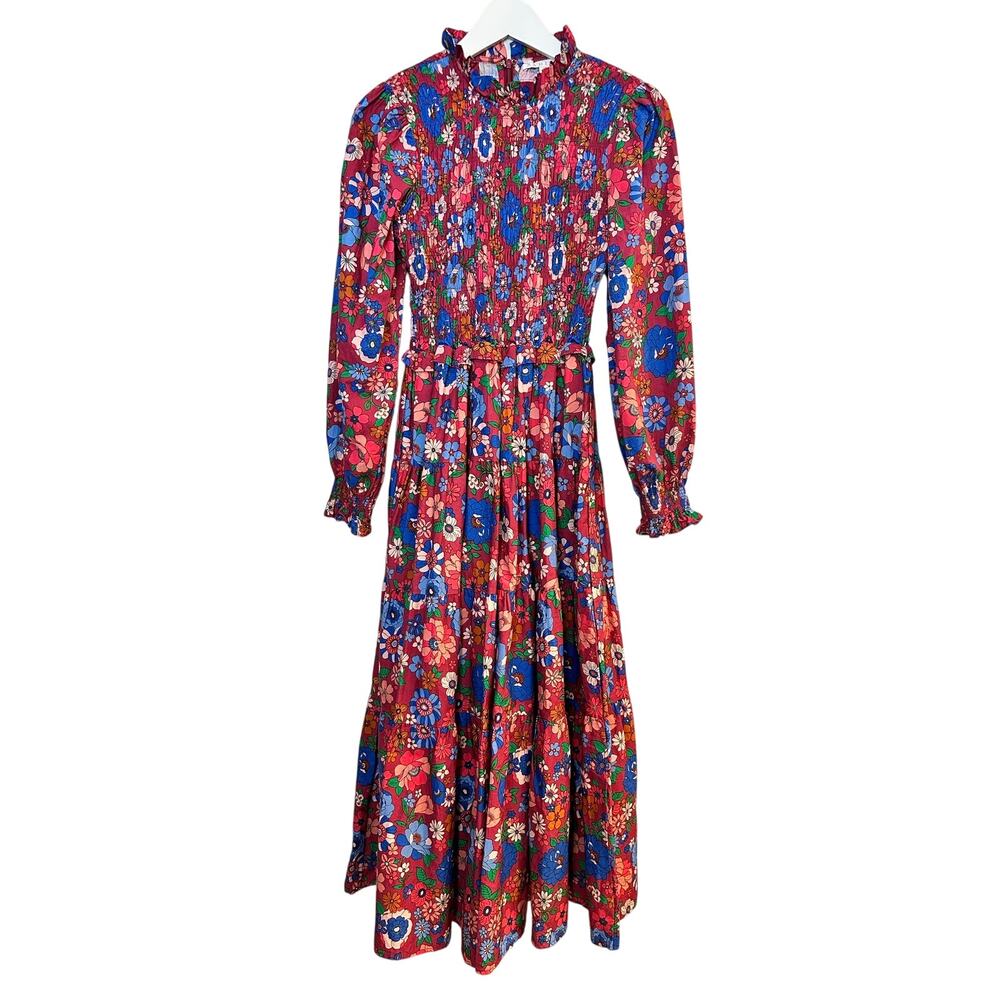 Karlie Floral Maxi Dress Smocked High Neck Long Sleeve Pink Blue Retro Small